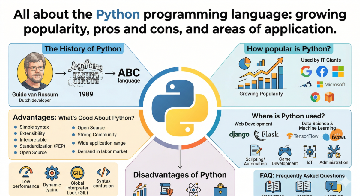 All about the Python programming language: growing popularity, pros and cons, and areas of application