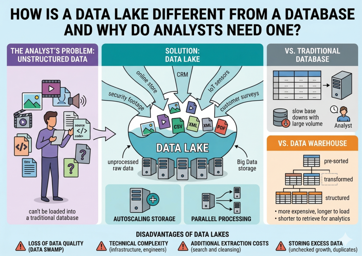 How is a data lake different from a database and why do analysts need one?