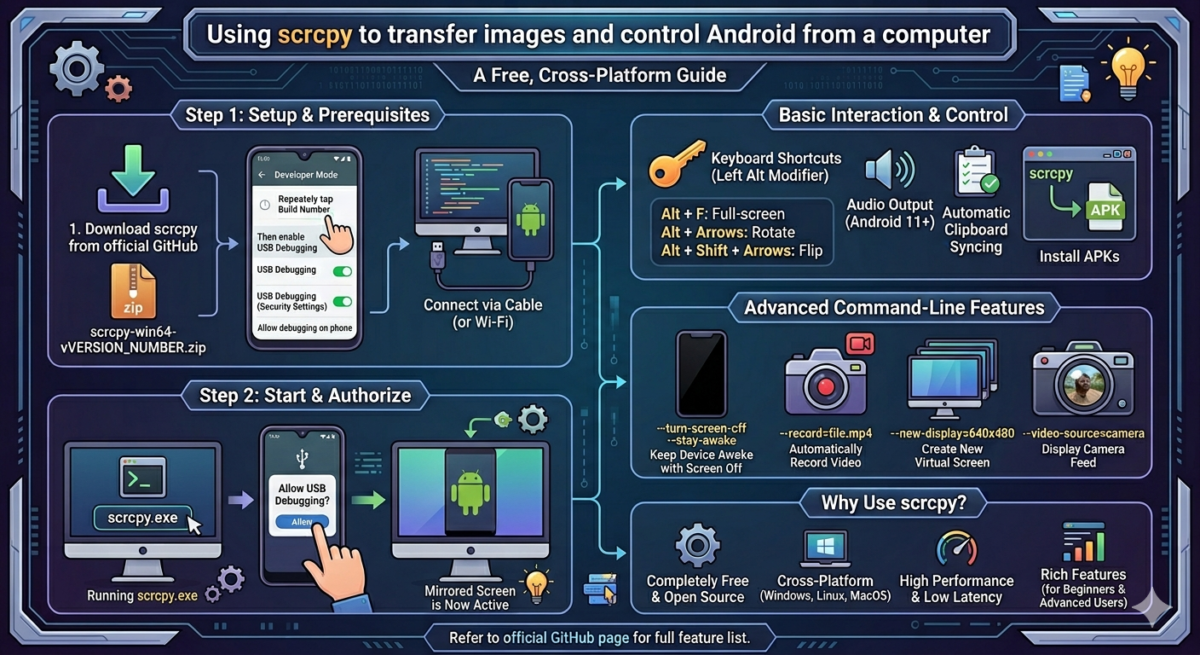 Using scrcpy to transfer images and control Android from a computer