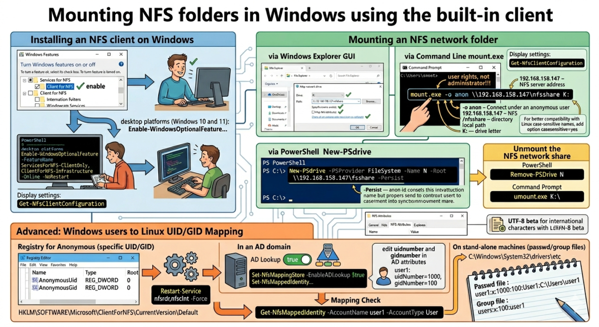 Mounting NFS folders in Windows using the built-in client