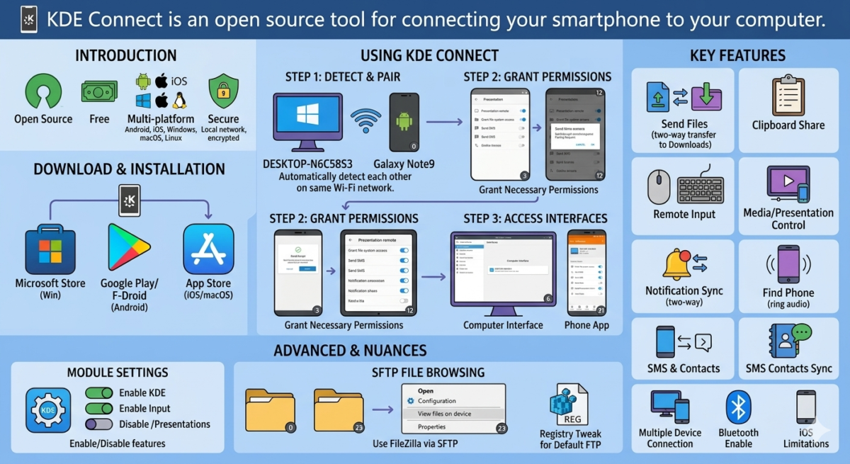 KDE Connect is an open source tool for connecting your smartphone to your computer.